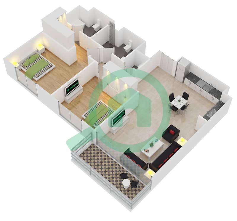 المخططات الطابقية لتصميم الوحدة 8 FLOOR 18-30 شقة 2 غرفة نوم - آكت ون | آكت تو interactive3D