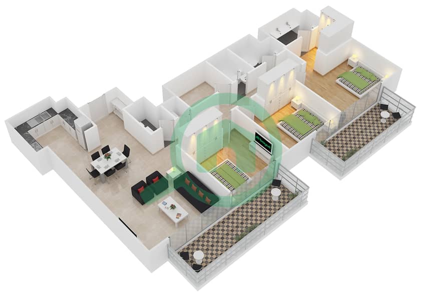 Акт Уан | Акт Ту Тауэрс - Апартамент 3 Cпальни планировка Единица измерения 9 FLOOR 42-44 interactive3D