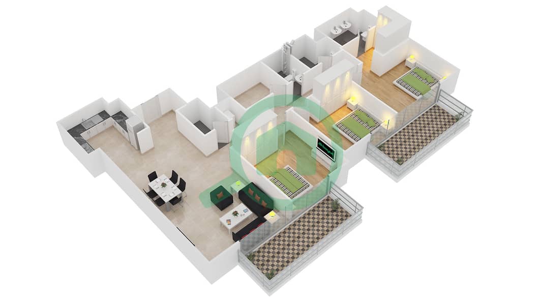 Акт Уан | Акт Ту Тауэрс - Апартамент 3 Cпальни планировка Единица измерения 9 FLOOR 36-41 interactive3D