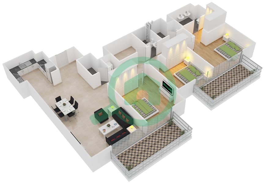 المخططات الطابقية لتصميم الوحدة 9 FLOOR 30,32-35 شقة 3 غرف نوم - آكت ون | آكت تو interactive3D