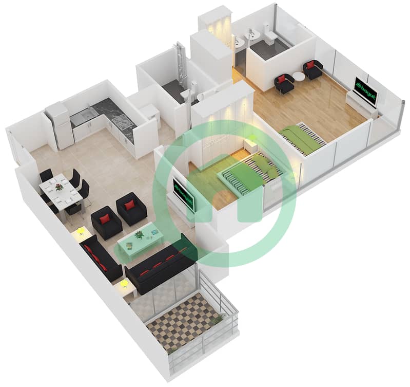 المخططات الطابقية لتصميم الوحدة 9 FLOOR 6-15 شقة 2 غرفة نوم - آكت ون | آكت تو interactive3D