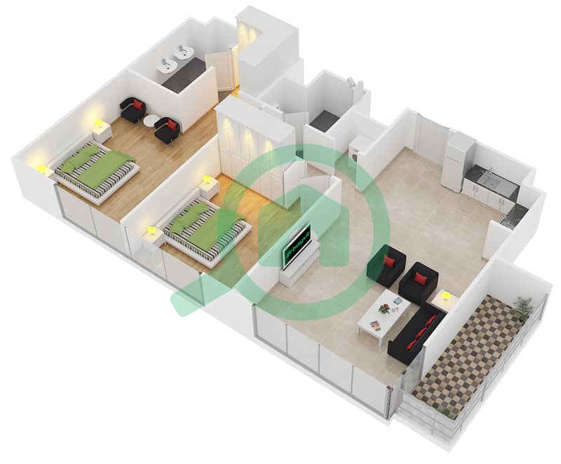 Act One | Act Two Towers - 2 Bedroom Apartment Unit 2 FLOOR 36-44 Floor plan interactive3D