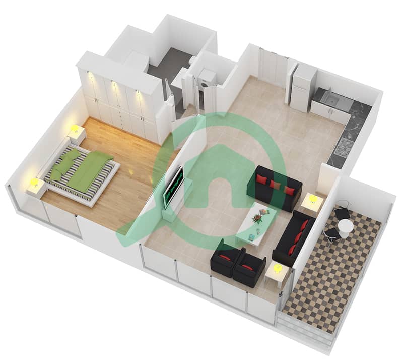 المخططات الطابقية لتصميم الوحدة 2 FLOOR 6-15 شقة 1 غرفة نوم - آكت ون | آكت تو interactive3D