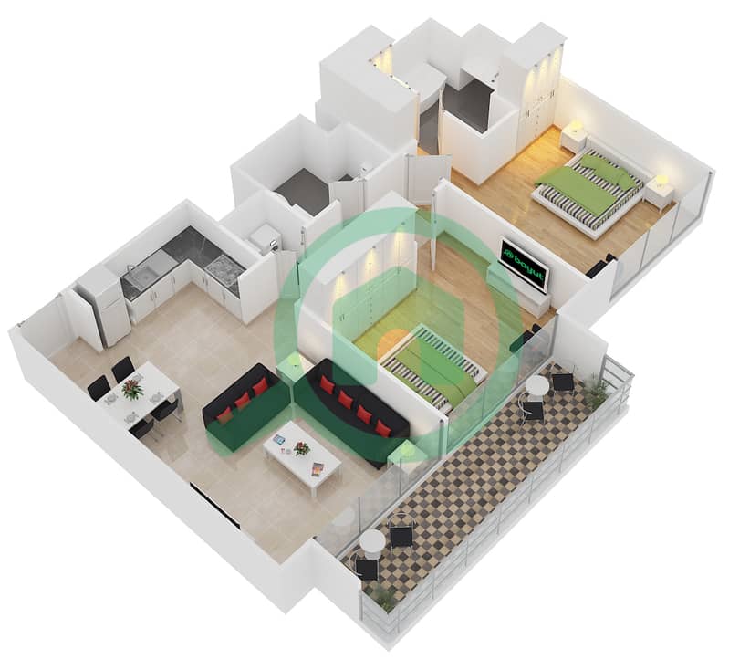 المخططات الطابقية لتصميم الوحدة 4 FLOOR 33-44 شقة 2 غرفة نوم - آكت ون | آكت تو interactive3D