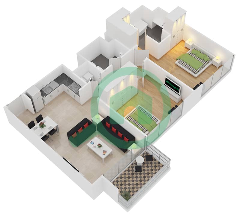 المخططات الطابقية لتصميم الوحدة 4 FLOOR 30-32 شقة 2 غرفة نوم - آكت ون | آكت تو interactive3D