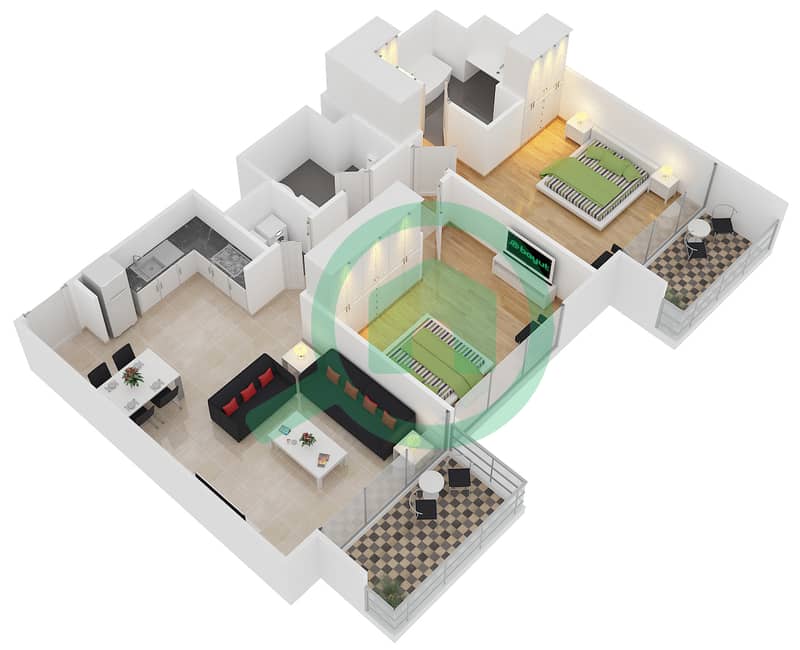 المخططات الطابقية لتصميم الوحدة 4 FLOOR 18-29 شقة 2 غرفة نوم - آكت ون | آكت تو interactive3D
