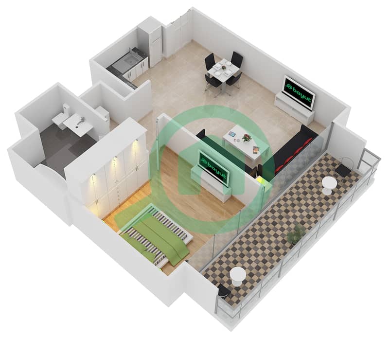 第一幕塔楼｜第二幕塔楼 - 1 卧室公寓单位4 FLOOR 6-15戶型图 interactive3D