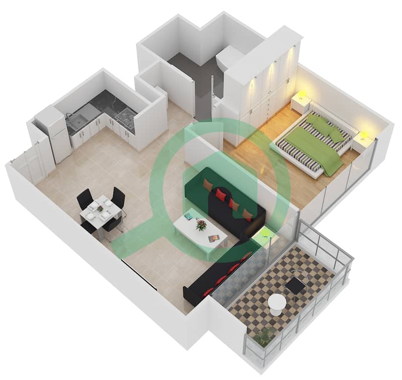 المخططات الطابقية لتصميم الوحدة 5 FLOOR 6-15 شقة 1 غرفة نوم - آكت ون | آكت تو interactive3D