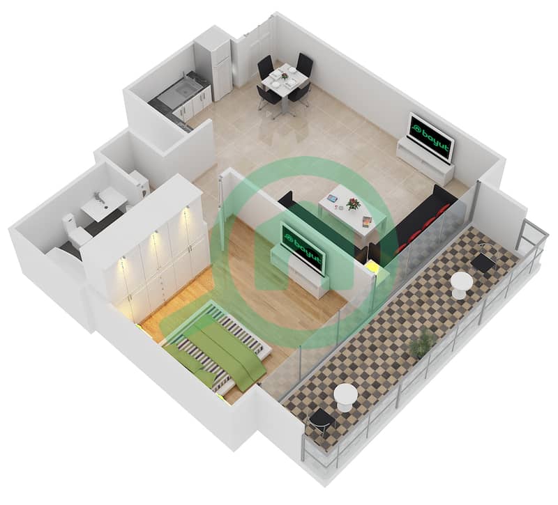 第一幕塔楼｜第二幕塔楼 - 1 卧室公寓单位5 FLOOR 33-44戶型图 interactive3D