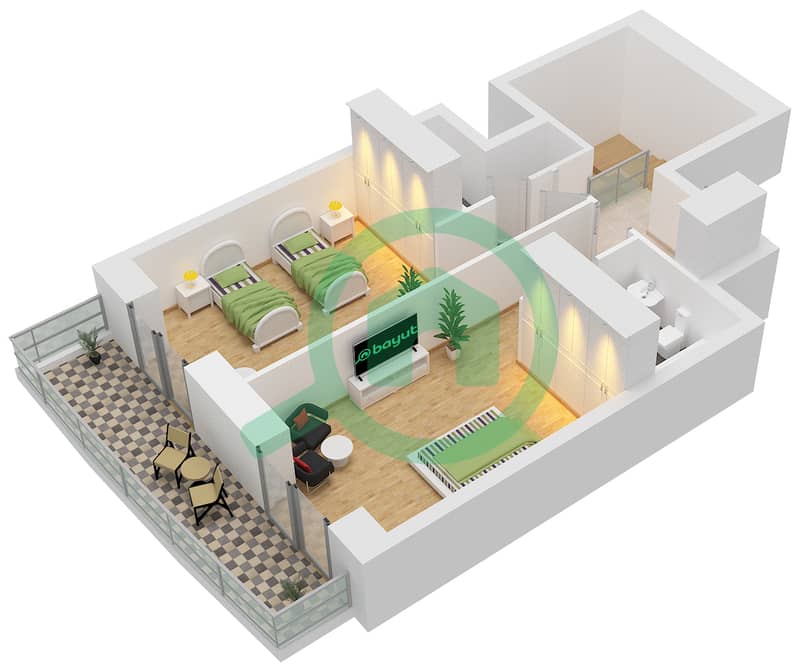 المخططات الطابقية لتصميم الوحدة 10 FLOORS 65-72 شقة 2 غرفة نوم - برج الأميرة interactive3D