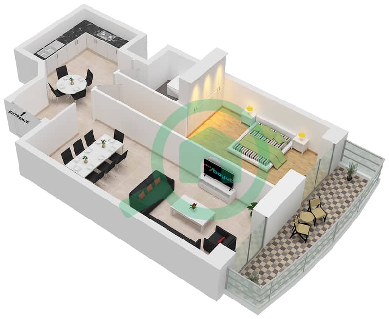 المخططات الطابقية لتصميم الوحدة 9 شقة 1 غرفة نوم - برج الأميرة interactive3D