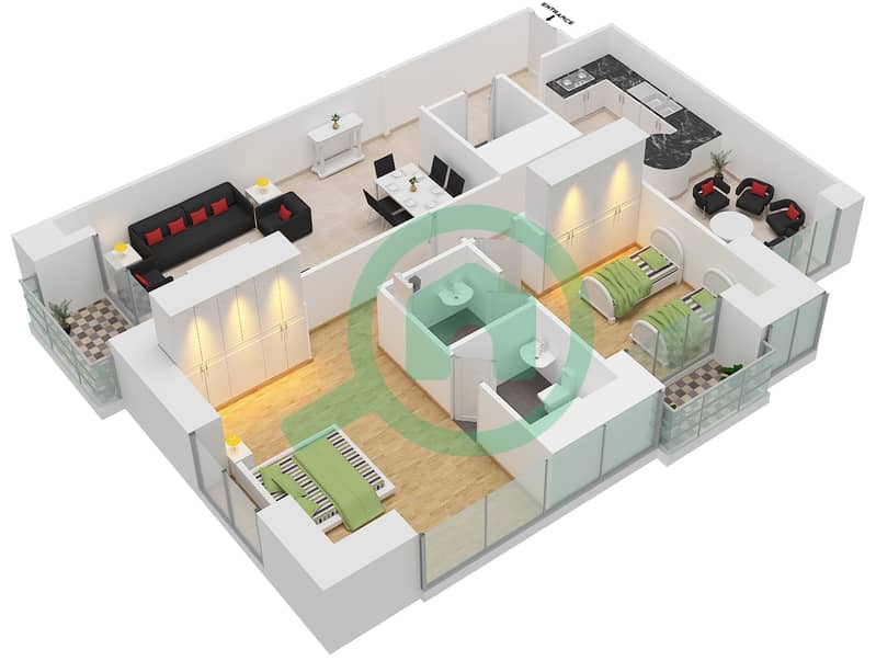 المخططات الطابقية لتصميم الوحدة 8 شقة 2 غرفة نوم - برج الأميرة interactive3D