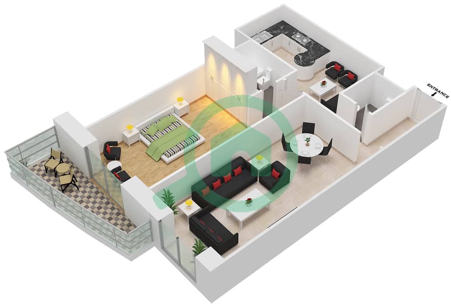 المخططات الطابقية لتصميم الوحدة 7 شقة 1 غرفة نوم - برج الأميرة interactive3D