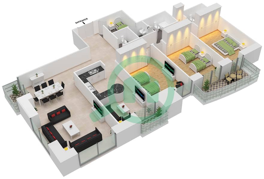 المخططات الطابقية لتصميم الوحدة 6 شقة 3 غرف نوم - برج الأميرة interactive3D