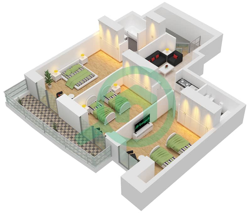 Princess Tower - 3 Bedroom Apartment Unit 5 / FLOOR 65-72 Floor plan Floor 65-72 interactive3D