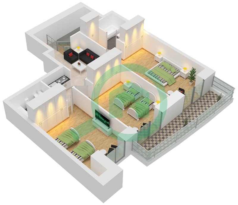المخططات الطابقية لتصميم الوحدة 4 شقة 3 غرف نوم - برج الأميرة interactive3D