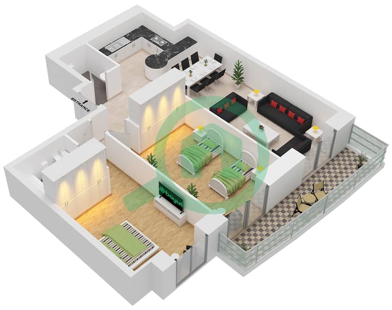 المخططات الطابقية لتصميم الوحدة 4 FLOOR 7-70 شقة 2 غرفة نوم - برج الأميرة interactive3D