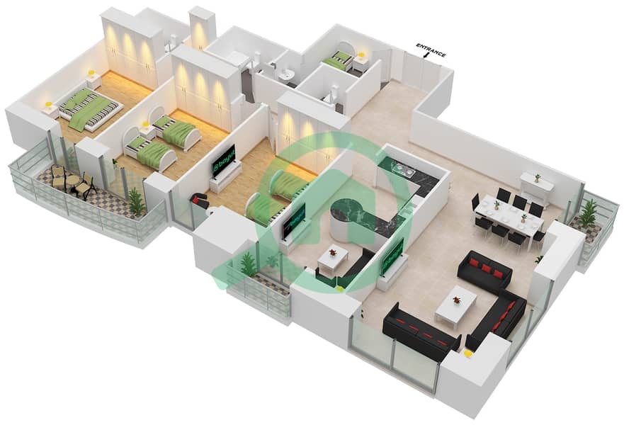 Princess Tower - 3 Bedroom Apartment Unit 3 Floor plan interactive3D