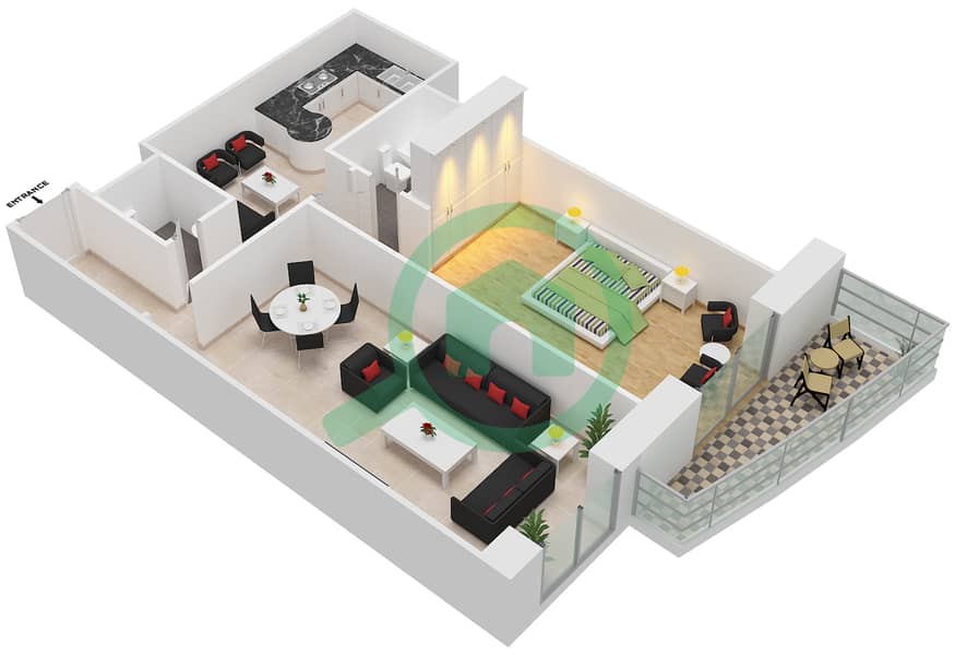 المخططات الطابقية لتصميم الوحدة 2 شقة 1 غرفة نوم - برج الأميرة interactive3D