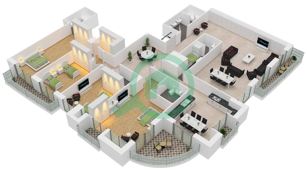 المخططات الطابقية لتصميم النموذج A بنتهاوس 4 غرف نوم - برج الأميرة interactive3D