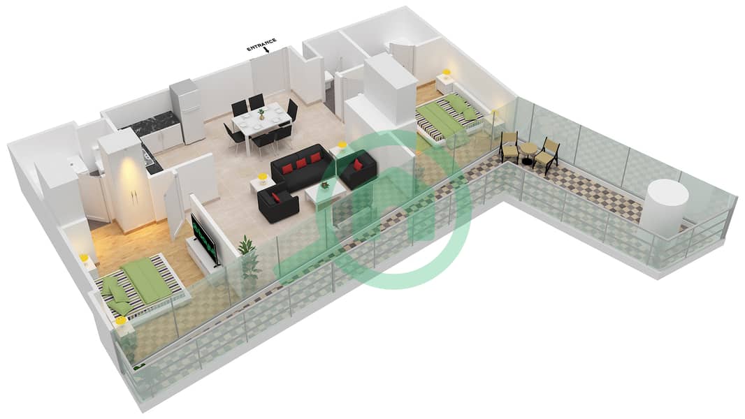 المخططات الطابقية لتصميم الوحدة 8 شقة 2 غرفة نوم - أوشن هايتس interactive3D