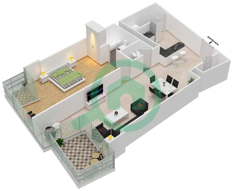 المخططات الطابقية لتصميم الوحدة 2 شقة 1 غرفة نوم - أوشن هايتس interactive3D