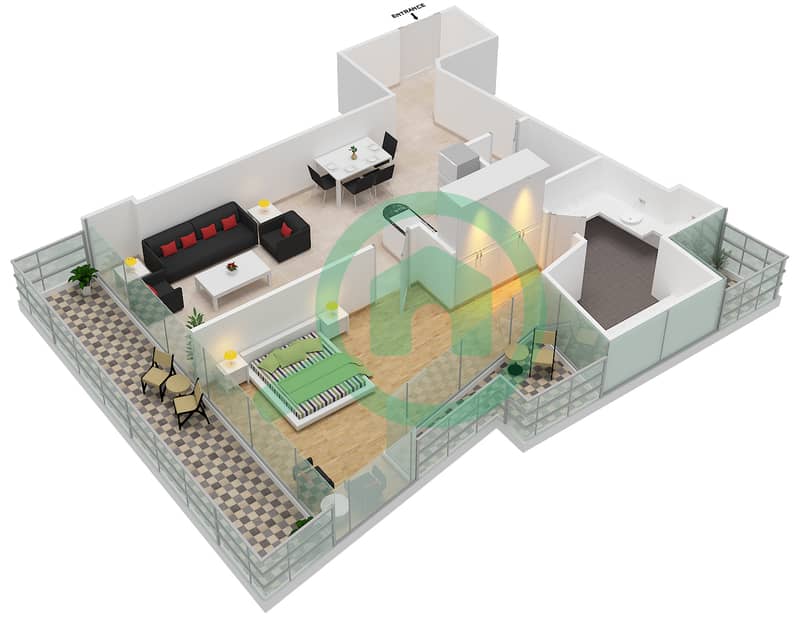海洋塔楼 - 1 卧室公寓单位4戶型图 interactive3D