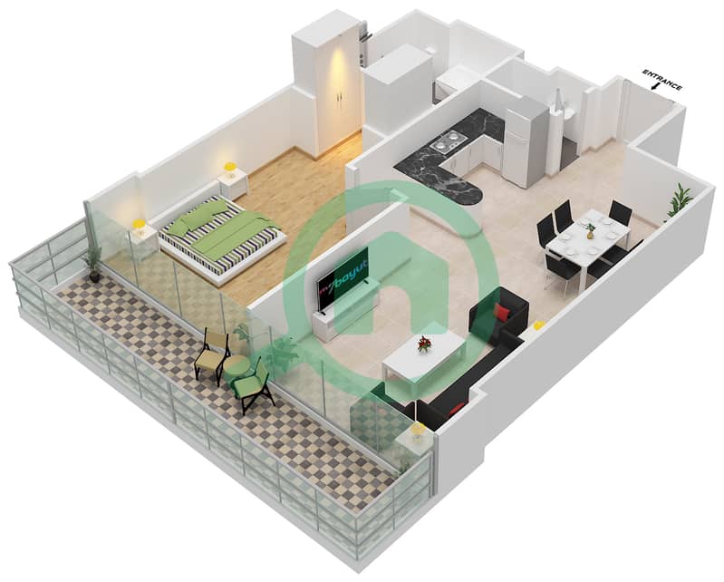 Океан Хейтс - Апартамент 1 Спальня планировка Единица измерения 5 interactive3D