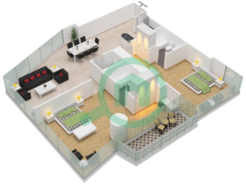 المخططات الطابقية لتصميم الوحدة 7 شقة 2 غرفة نوم - أوشن هايتس interactive3D