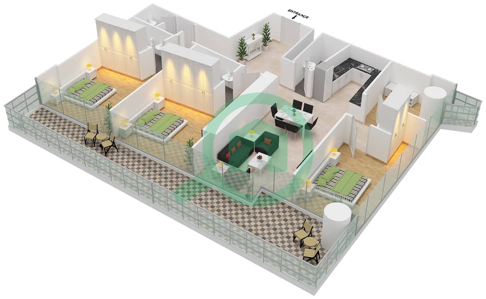 المخططات الطابقية لتصميم الوحدة 9 شقة 3 غرف نوم - أوشن هايتس interactive3D