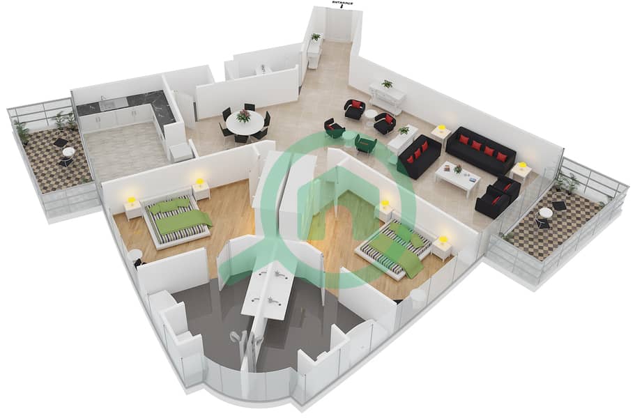 المخططات الطابقية لتصميم الوحدة 1,8 شقة 2 غرفة نوم - كمبينسكي ذا بوليفارد interactive3D