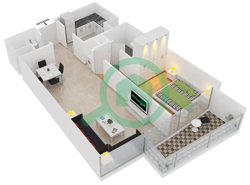 المخططات الطابقية لتصميم الوحدة 3,6 شقة 1 غرفة نوم - كمبينسكي ذا بوليفارد interactive3D