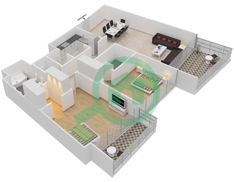 المخططات الطابقية لتصميم الوحدة 4,5 شقة 2 غرفة نوم - كمبينسكي ذا بوليفارد interactive3D