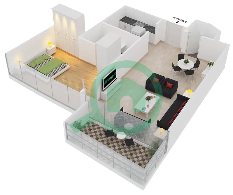 المخططات الطابقية لتصميم الوحدة 9,16 شقة 1 غرفة نوم - كمبينسكي ذا بوليفارد interactive3D