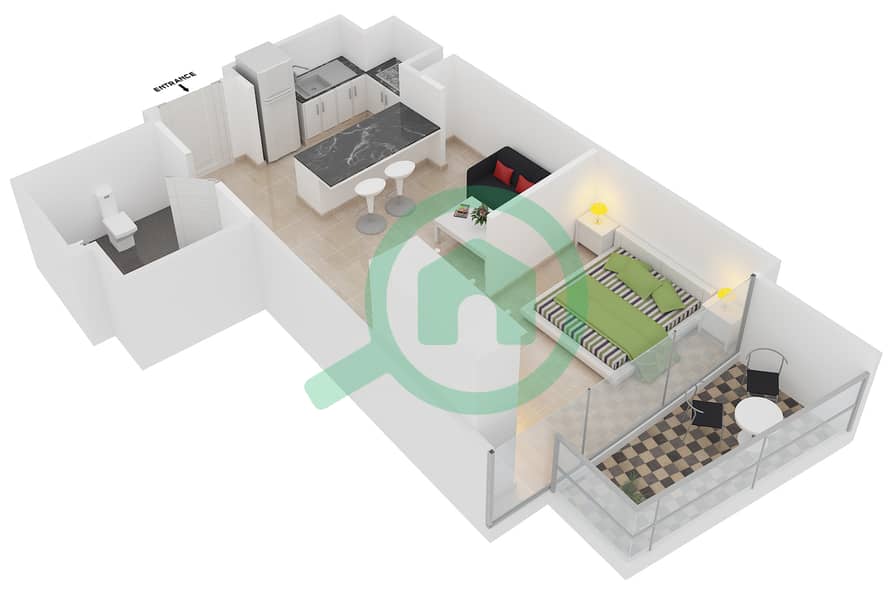 Kempinski The Boulevard - Studio Apartment Unit 10,11,14,15 Floor plan interactive3D