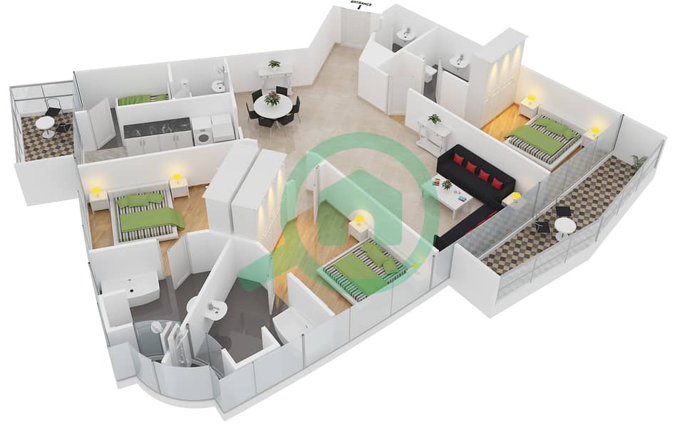 谦恭大道酒店 - 3 卧室公寓单位1,6戶型图 interactive3D