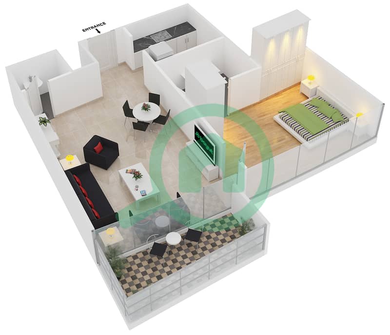 谦恭大道酒店 - 1 卧室公寓单位12,13戶型图 interactive3D