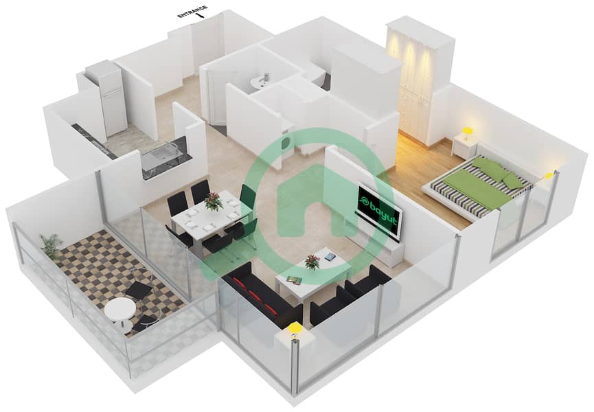 林荫道点大厦 - 1 卧室公寓单位1 FLOOR 12-26戶型图 interactive3D