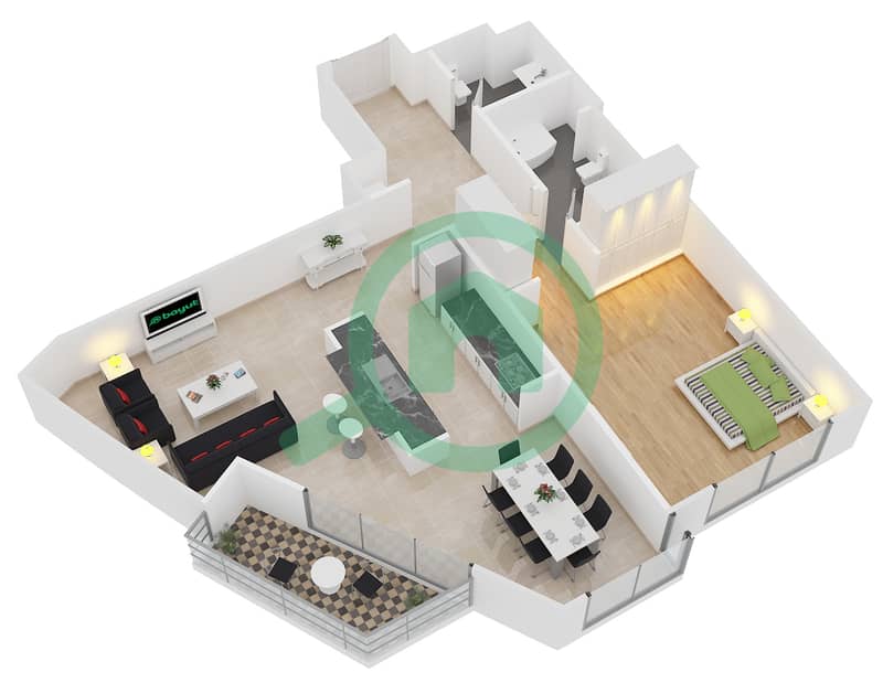 景观高塔A座 - 1 卧室公寓套房4 FLOOR 3-29戶型图 interactive3D