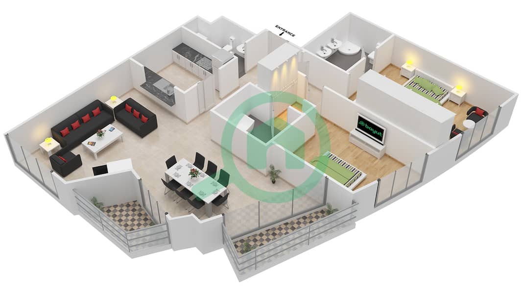 Burj Views A - 2 Bedroom Apartment Suite 2 FLOOR 3-29 Floor plan interactive3D