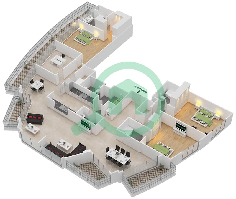Бурдж Вьюс A - Апартамент 3 Cпальни планировка Гарнитур, анфилиада комнат, апартаменты, подходящий 1 FLOOR 30 interactive3D