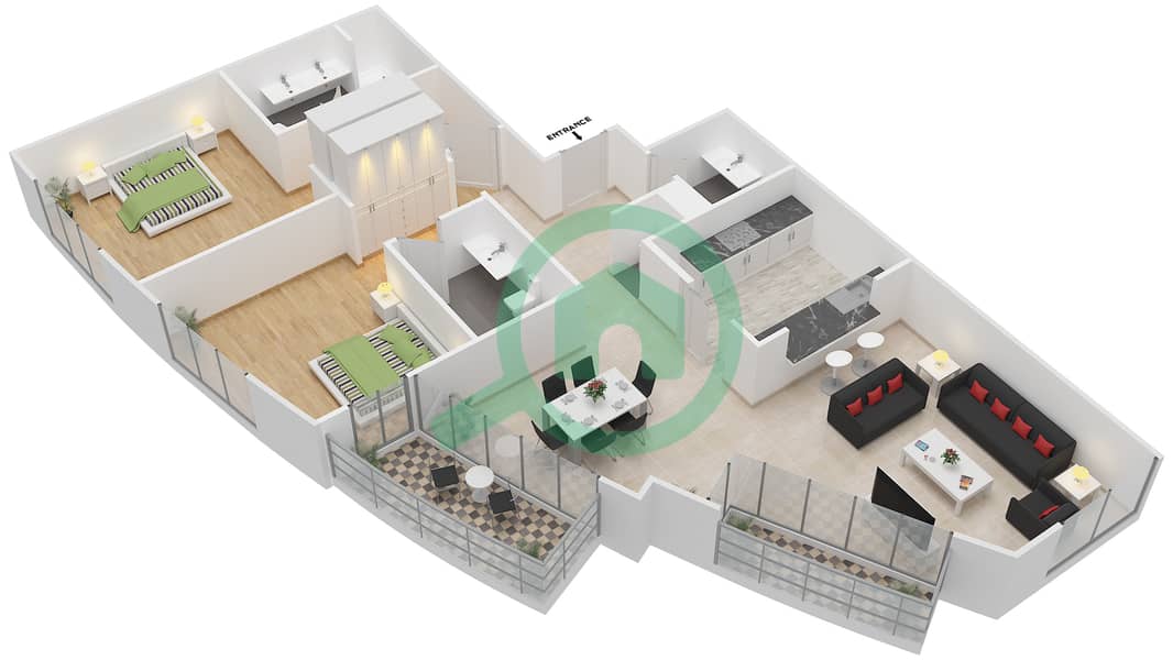 المخططات الطابقية لتصميم التصميم 1 FLOOR 3-29 شقة 2 غرفة نوم - برج فيوز A interactive3D