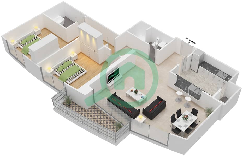 Бурдж Вьюс A - Апартамент 2 Cпальни планировка Гарнитур, анфилиада комнат, апартаменты, подходящий 3 FLOOR 2 interactive3D