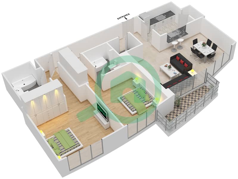 المخططات الطابقية لتصميم التصميم 3 FLOOR 3-29 شقة 2 غرفة نوم - برج فيوز A interactive3D