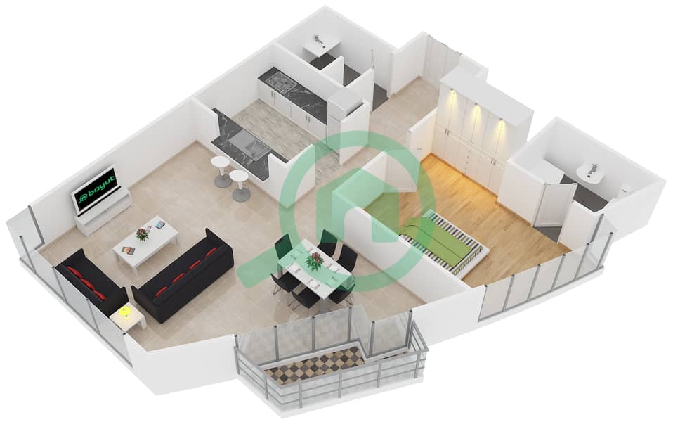 المخططات الطابقية لتصميم التصميم 5 FLOOR 2 شقة 1 غرفة نوم - برج فيوز A interactive3D