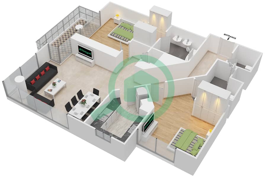 المخططات الطابقية لتصميم الوحدة 2 FLOOR 28-50,52-59 شقة 2 غرفة نوم - بوليفارد بوينت interactive3D