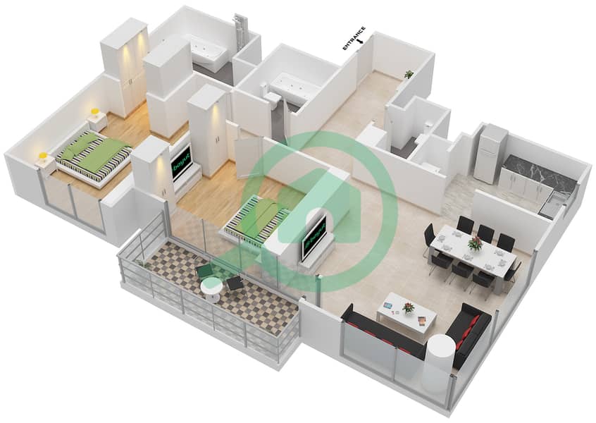 المخططات الطابقية لتصميم الوحدة 2 FLOOR 17-20 شقة 2 غرفة نوم - بوليفارد بوينت interactive3D