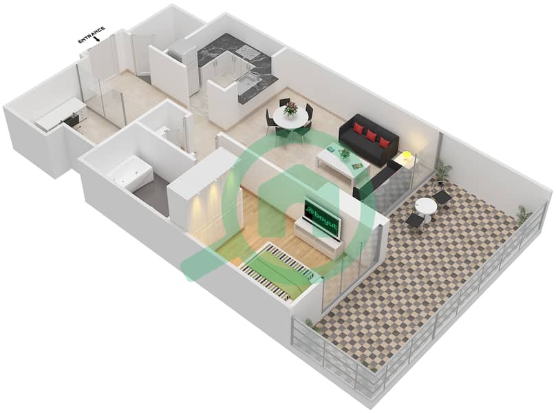 林荫道点大厦 - 1 卧室公寓单位4,6 FLOOR 12戶型图 interactive3D