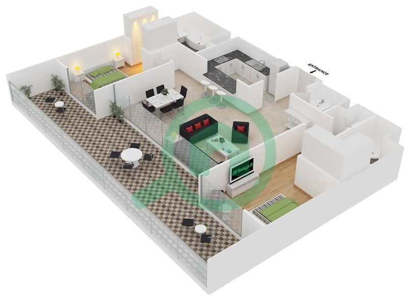 المخططات الطابقية لتصميم الوحدة 4 FLOOR 16 شقة 2 غرفة نوم - بوليفارد بوينت interactive3D