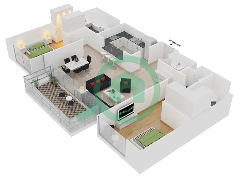 المخططات الطابقية لتصميم الوحدة 4 FLOOR 21 شقة 2 غرفة نوم - بوليفارد بوينت interactive3D